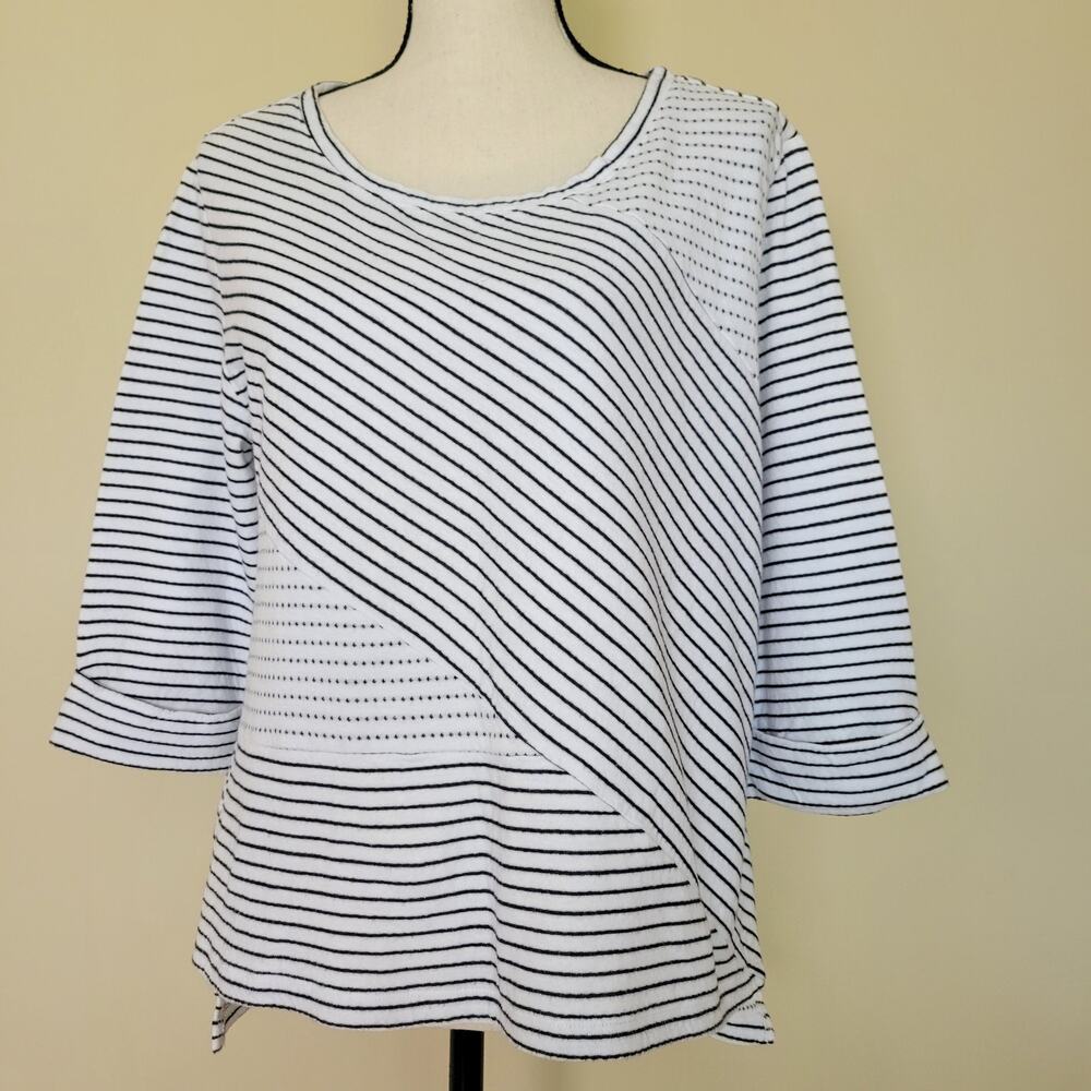 Habitat M Pullover 3/4 Sleeve Unique Stripe Dot  Hi/Low Slit Hem Lagenlook Top